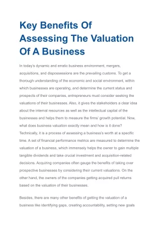 Key Benefits Of Assessing The Valuation Of A Business