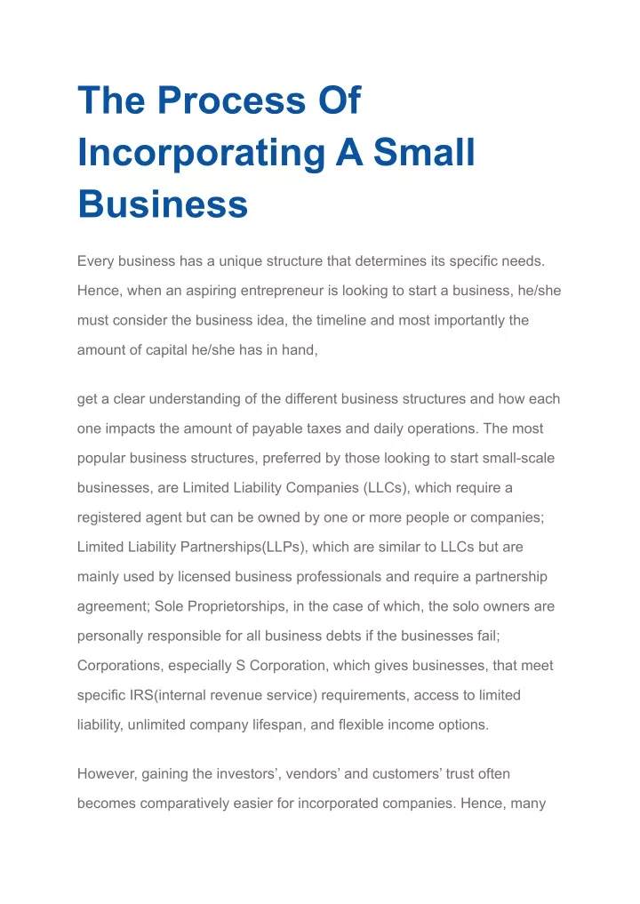 the process of incorporating a small business