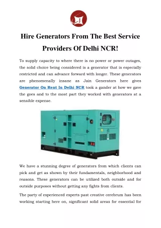 Generator On Rent In Delhi NCR Call-9810679523