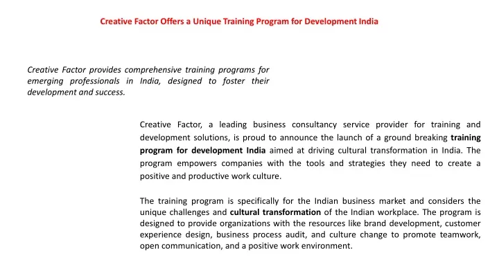 creative factor offers a unique training program