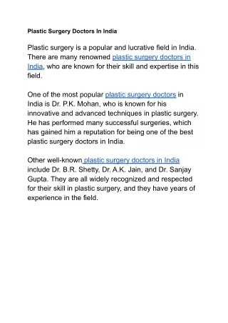 Plastic Surgery Doctors In India