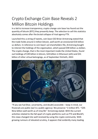 Mark Tencaten - Crypto Exchange Coin Base Reveals 2 Million Bitcoin Holdings