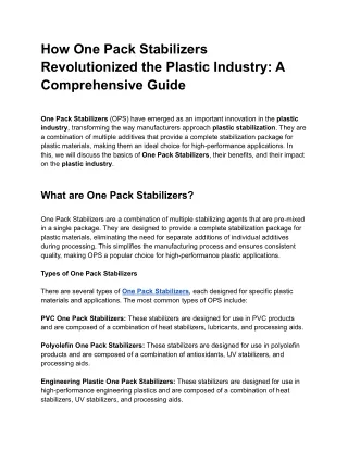 How One Pack Stabilizers Revolutionized the Plastic Industry_ A Comprehensive Guide