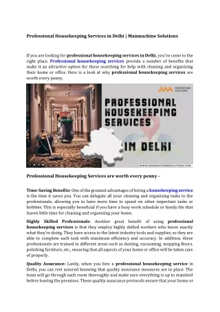 Professional Housekeeping Services in Delhi  Manmachine Solutions