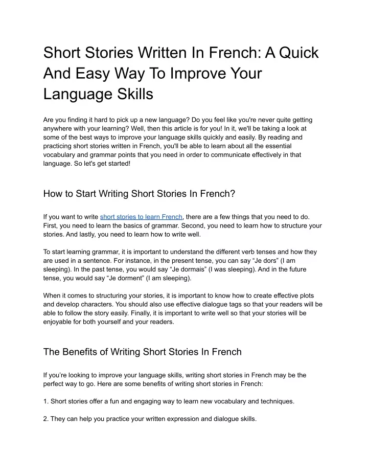 short stories written in french a quick and easy