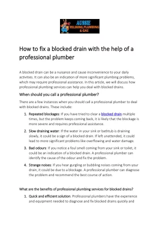 How to fix a blocked drain with the help of a professional plumber