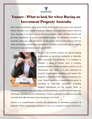Ynance - What to look for when Buying an Investment Property Australia