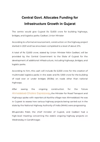 Central Govt. Allocates Funding for Infrastructure Growth in Gujarat