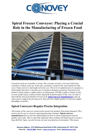 Spiral Freezer Conveyor: Playing Crucial Role in Manufacturing of Frozen Food