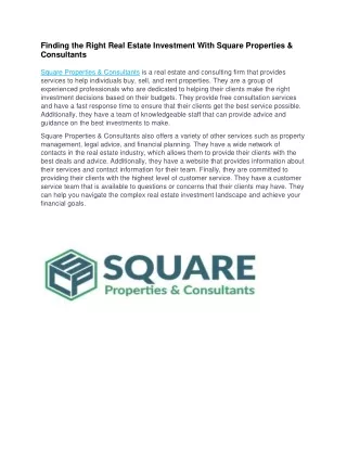 Finding the Right Real Estate Investment With Square Properties & Consultants