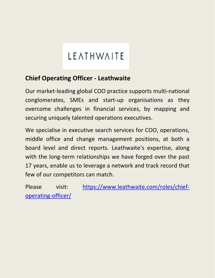 chief operating officer leathwaite