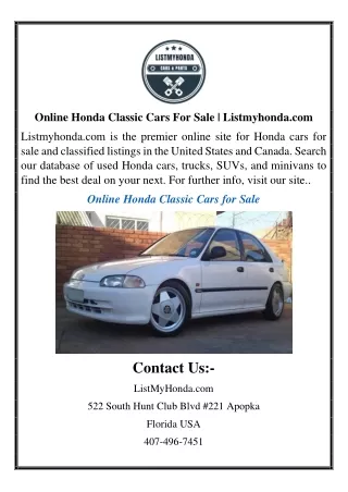 Online Honda Classic Cars For Sale | Listmyhonda.com
