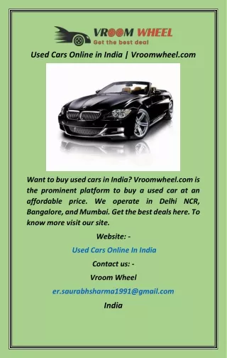 Used Cars Online in India  Vroomwheel