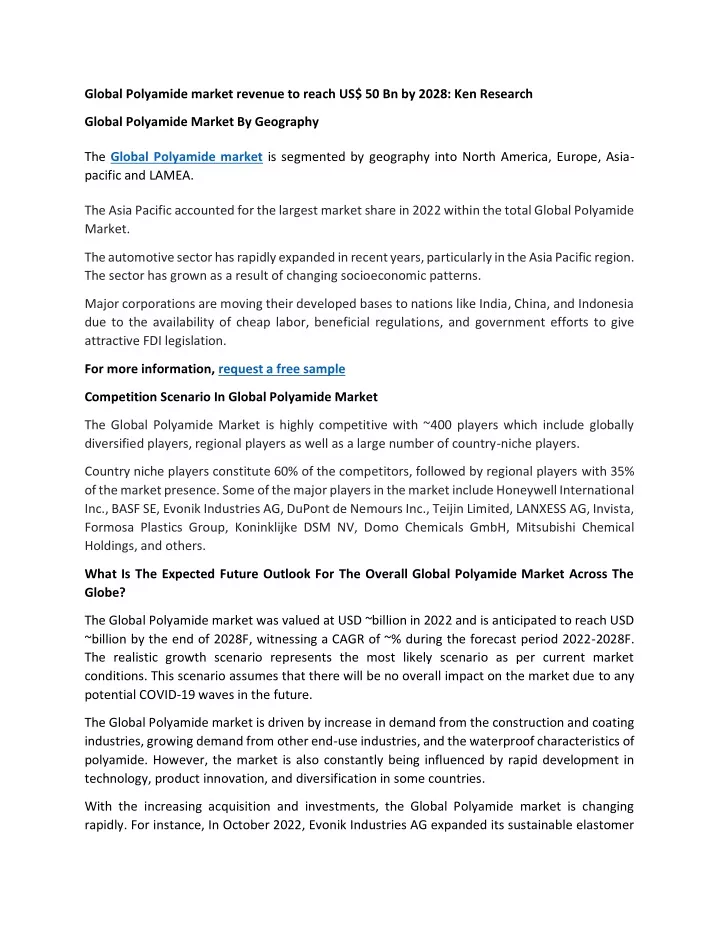 global polyamide market revenue to reach