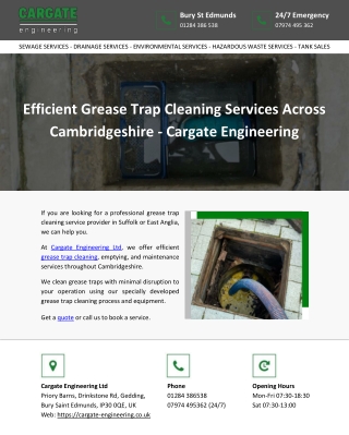 Efficient Grease Trap Cleaning Services Across Cambridgeshire - Cargate Engineer