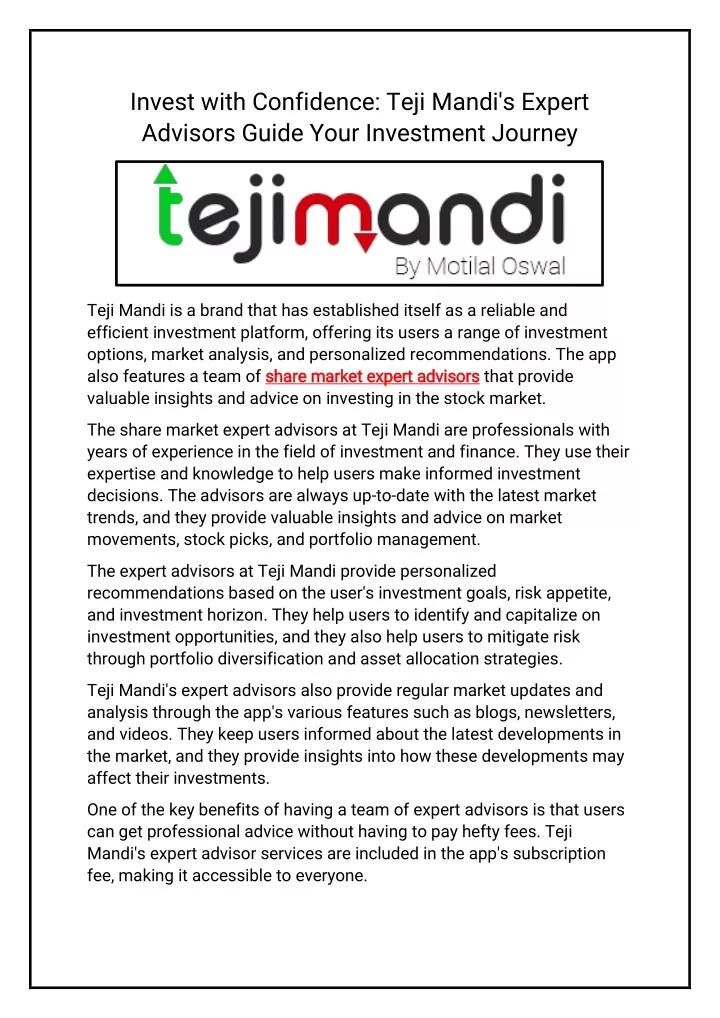 invest with confidence teji mandi s expert