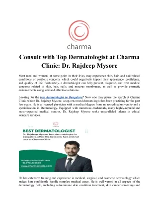 Consult with Best Dermatologist in Bangalore at Charma Clinic