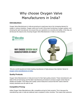 Why choose Oxygen Valve Manufacturers in India