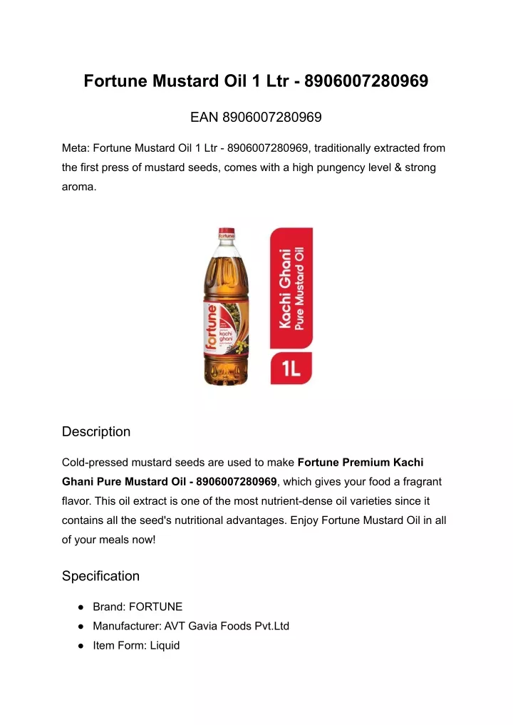 fortune mustard oil 1 ltr 8906007280969