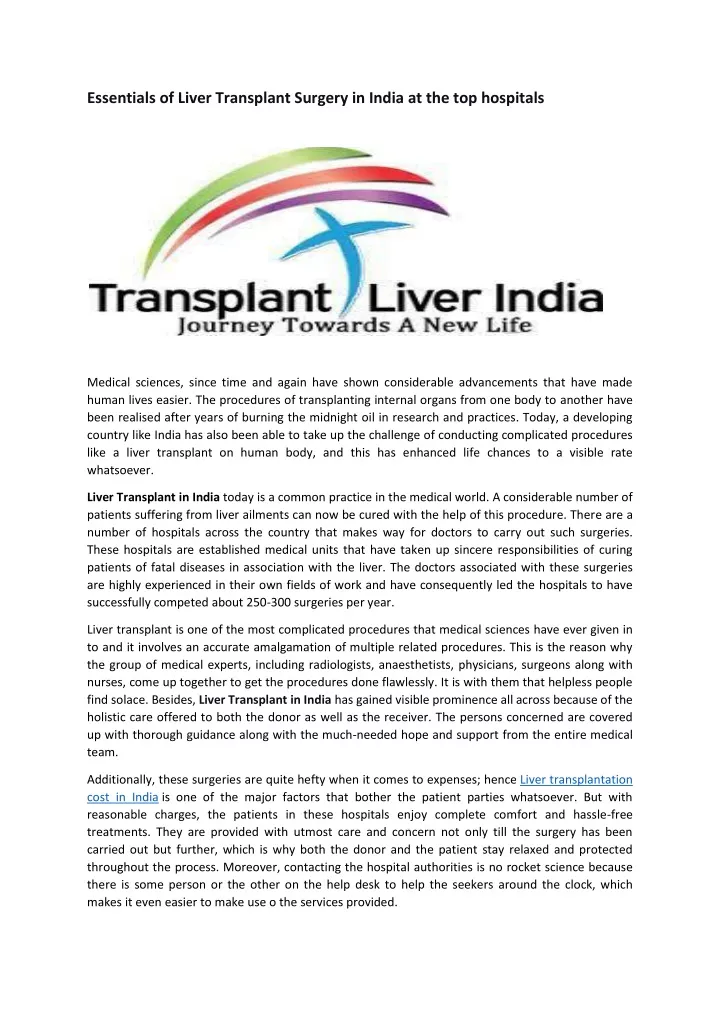 essentials of liver transplant surgery in india