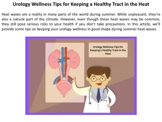 Suggestions from Urology to Maintain a Healthy Tract in the Heat