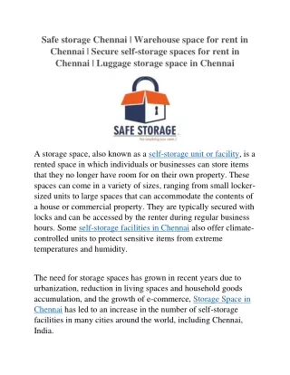 Safe storage Chennai | Warehouse space for rent in Chennai | Secure self-storage