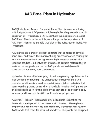 AAC Panel Plant in Hyderabad