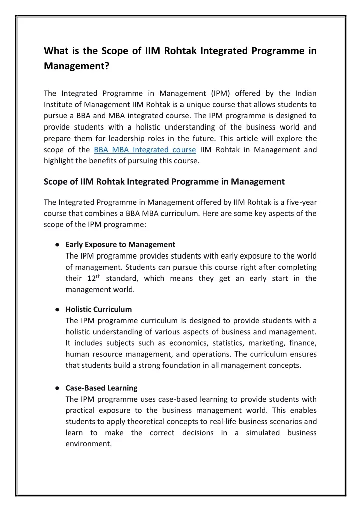 what is the scope of iim rohtak integrated