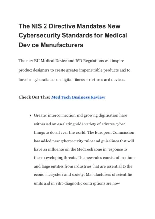 The NIS 2 Directive Mandates New Cybersecurity Standards for Medical Device Manufacturers