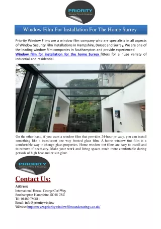 Window film for installation for the home Surrey