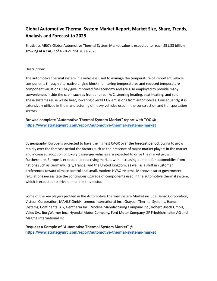 global automotive thermal system market report