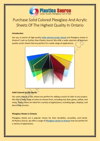 Purchase Solid Colored Plexiglass And Acrylic Sheets Of The Highest Quality In Ontario