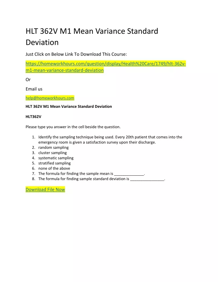 hlt 362v m1 mean variance standard deviation just