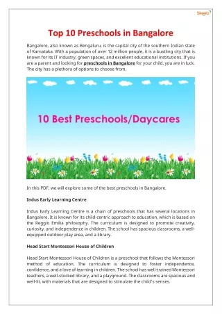 Top 10 Preschools in Bangalore