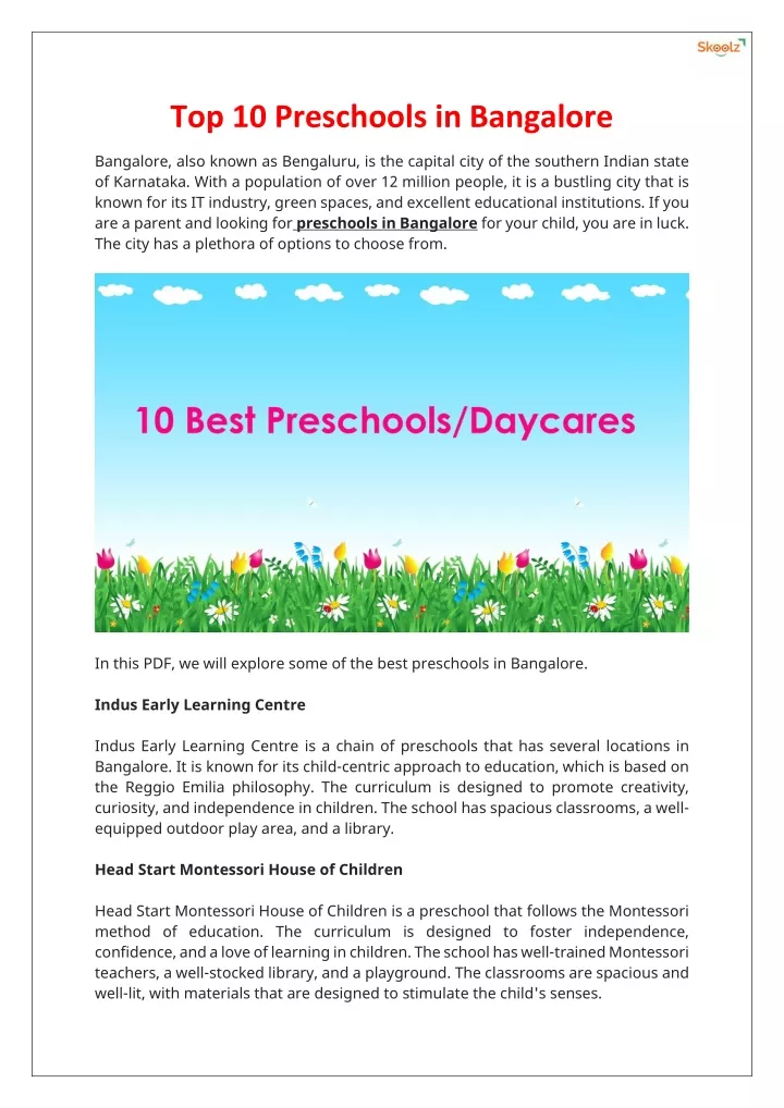 top 10 preschools in bangalore