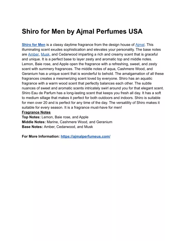 shiro for men by ajmal perfumes usa