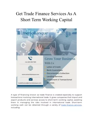 Get Trade Finance Services As A Short Term Working Capital