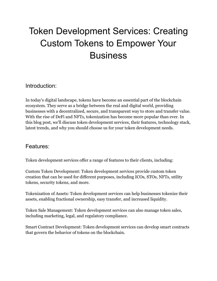 token development services creating custom tokens