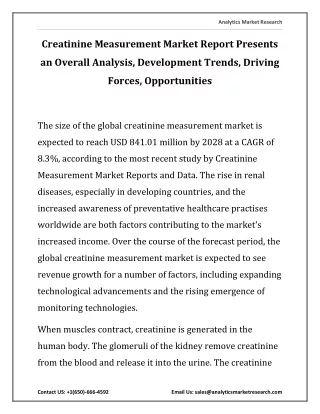 Creatinine Measurement Market Report Presents an Overall Analysis, Development