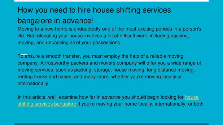 how you need to hire house shifting services bangalore in advance