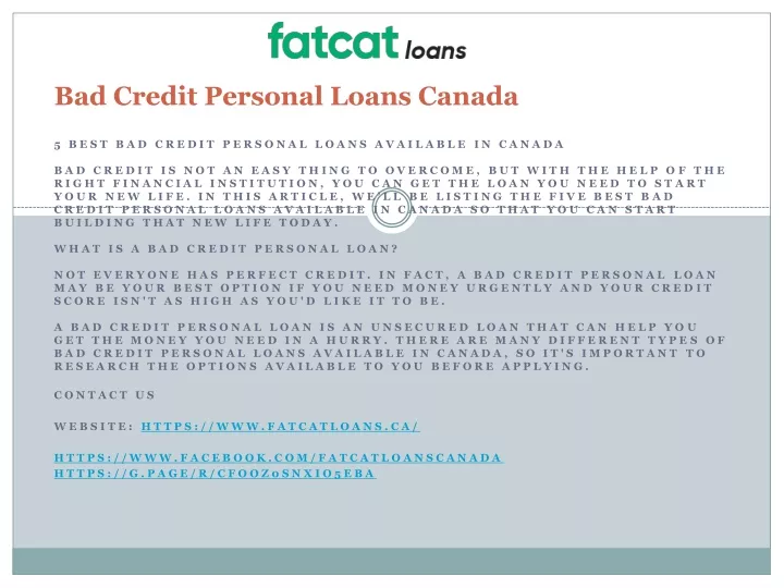 bad credit personal loans canada