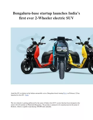Bengaluru-base startup launches India’s first ever 2-Wheeler electric SUV