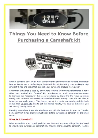 Things You Need to Know Before Purchasing a Camshaft kit