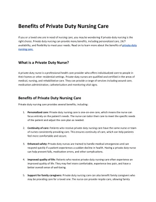 Benefits of Private Duty Nursing Care