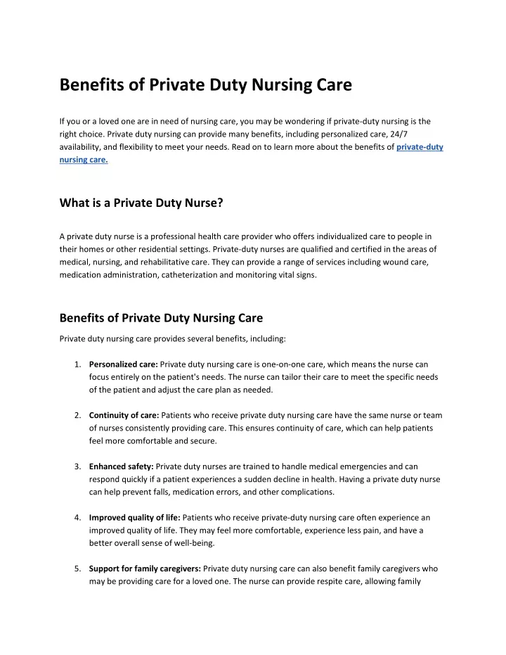 benefits of private duty nursing care