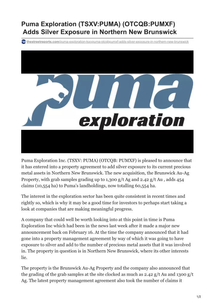 puma exploration tsxv puma otcqb pumxf adds