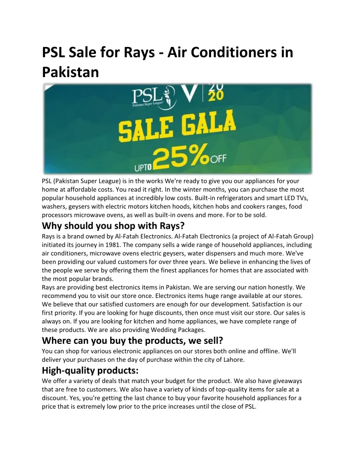 psl sale for rays air conditioners in pakistan