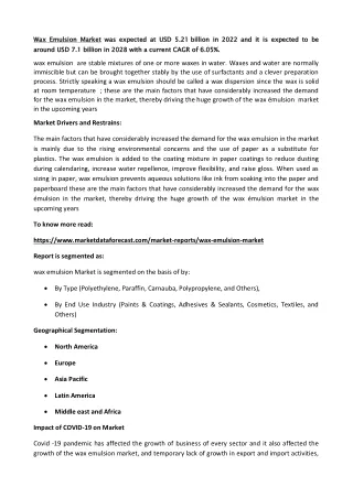 wax emulsion market around usd 7 1