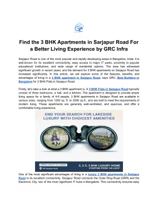 Find the 3 BHK Apartments in Sarjapur Road For a Better Living Experience by GRC Infra
