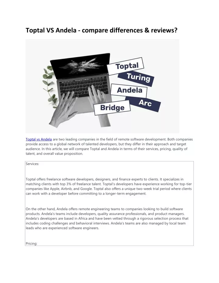 toptal vs andela compare differences reviews